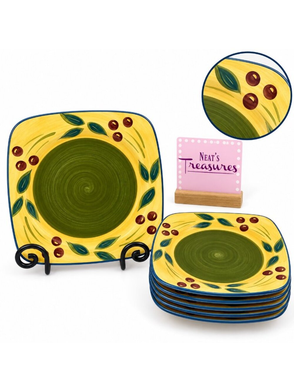 Maxam Sonoma Tuscan TUSCANY Olive Green Center Square Ceramic Salad Plates Set 6